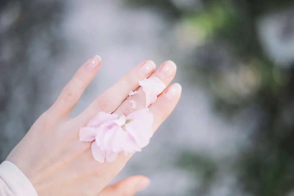 Mão com unhas curtas em rosa claro translúcido e pétalas de flor rosa sobre os dedos